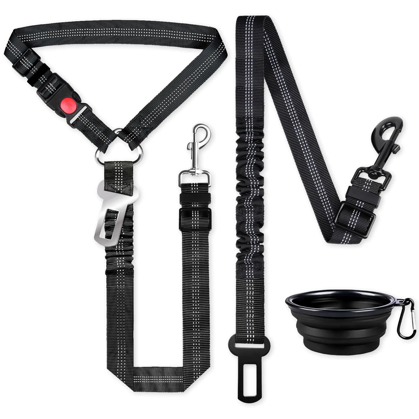 Leash Latch Pro 2: Heavy-Duty Seatbelt Tether + 2-in-1 Headrest Leash Loop & Collapsible Travel Bowl